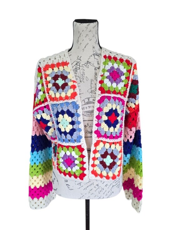 Revel Sweaters - Revel Crochet Granny Square Cream Multicolor Cropped Cardigan Sweater S